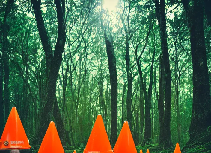 Image similar to a few orange safety cones in a beautiful strange forest, cinematic, atomspheric lighting, detailed by james jean, 2 4 mm lens, surreal