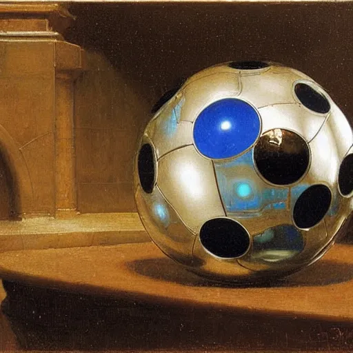 Prompt: chrome spheres on a blue cube by alma tadema