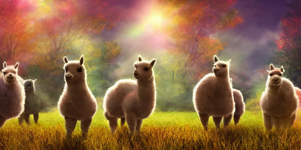 Image similar to magical fairy alpacas frolicking in a field, autumn, sparkles, light beams, photorealistic, hyperrealistic, 8 k, trending on artstation