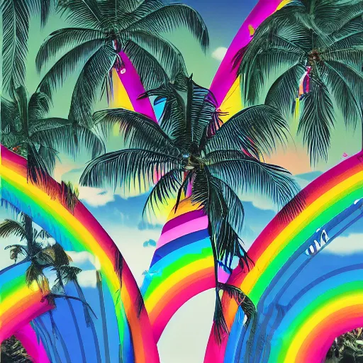 Prompt: miracle musical Hawaii part ii album cover, showing an ocean in the background, spiral transparent stairs on the left with tall palm trees behind it, a slight rainbow in the background, white outline border, moon in the right top area black and white except for the rainbow album cover rainbow text in the center reading Hawaii part ii, 80s Japanese