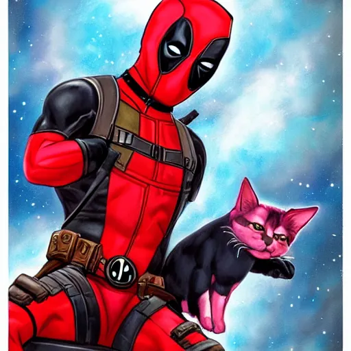 Image similar to illustration of deadpool riding on fluffy cat!!!!!!!!!!!!!!!!!!!!! in space, trending on artstation