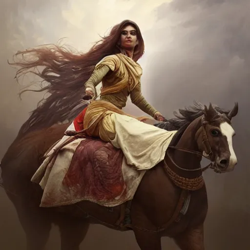 Prompt: portrait painting of a female butcher wearing sari and riding a horse, ultra realistic, concept art, intricate details, eerie, highly detailed, photorealistic, octane render, 8 k, unreal engine. art by artgerm and greg rutkowski and alphonse mucha