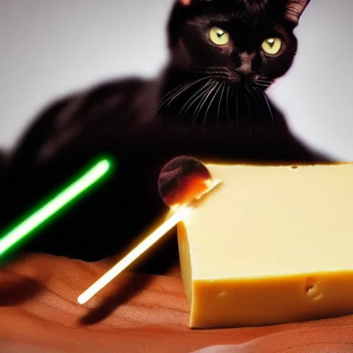 Image similar to cat in a black hole eating cheese with a lightsaber