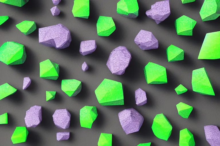 Prompt: rendering of simple crystals made of green glass, octane render, cool purple grey lighting, cgi, masterwork, pixar, instagram, 3 d design, advertising visualization, widescreen, splash page