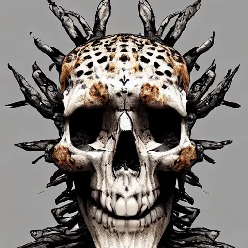Prompt: Skull that look too much like skull!, crypt lurker, 8k CG character rendering of a spider-like hunting female on its back, fangs extended, wearing a leopard-patterned dress, set against a white background, with textured hair and skin.
