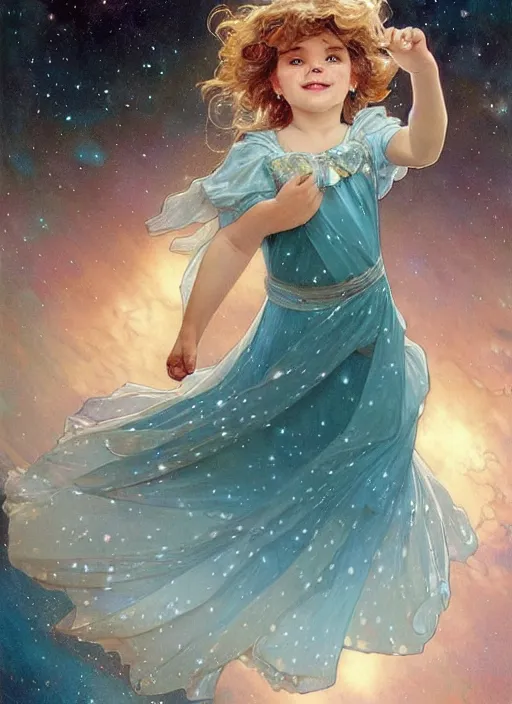 Image similar to a cute little girl with blue eyes, and short wavy light brown hair smiles as she floats in space with stars all around her. she is wearing a turquoise space themed dress. beautiful painting by artgerm and greg rutkowski and alphonse mucha