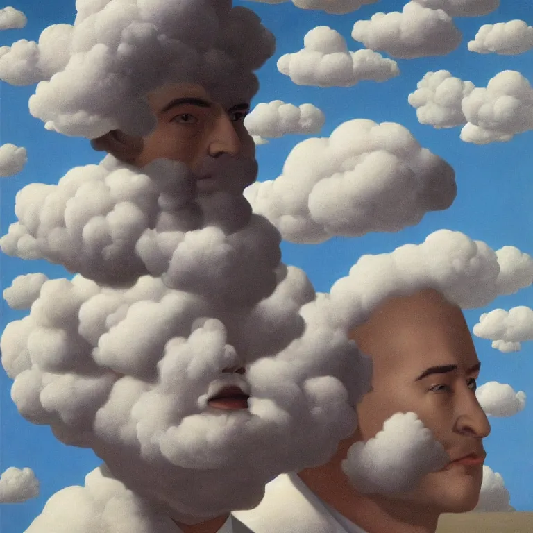 Image similar to portrait of a cloud head man, by rene magritte, centered, detailed painting, hd, hq, high resolution, high detail, 4 k, 8 k