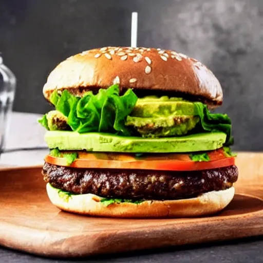 Prompt: a hamburger with 2 kilograms of avocado