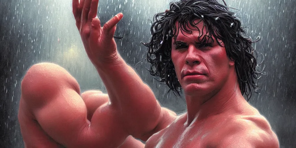 Image similar to a 1 9 8 0 s wrestler in the rain, highly detailed, digital painting, artstation, concept art, matte, sharp focus, illustration, art by artgerm and greg rutkowski and alphonse mucha