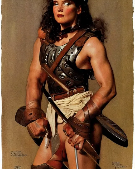 Image similar to portrait of a beautiful savage muscular barbarian female with light leather armor, by norman rockwell