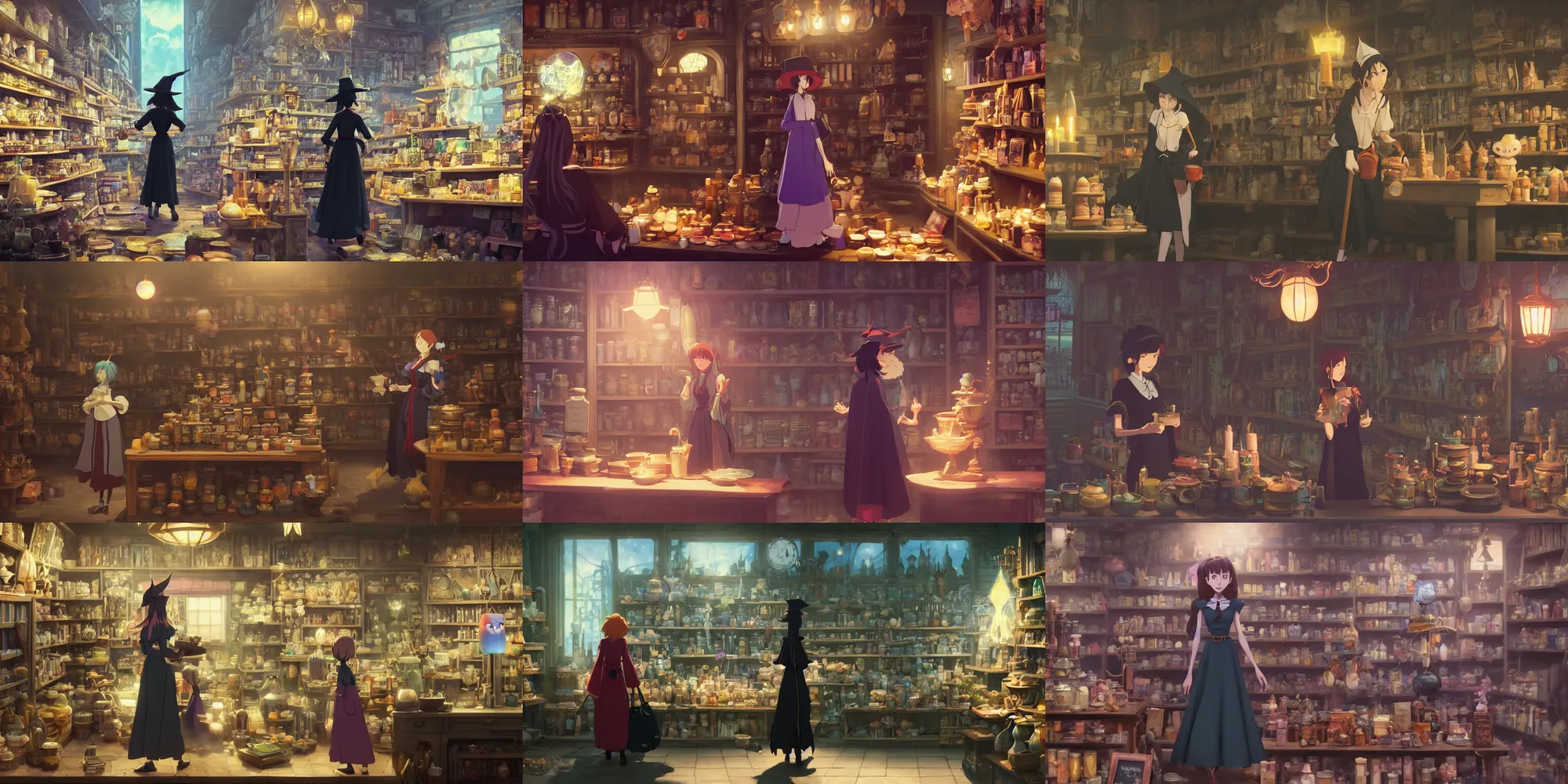 Prompt: a wholesome animation key shot of a witch at an occult store buying strange magical ingredients for her potions, medium shot, waist up, studio Ghibli, Pixar and Disney animation, sharp, Rendered in Unreal Engine 5, anime key art by Greg Rutkowski, Bloom, dramatic lighting