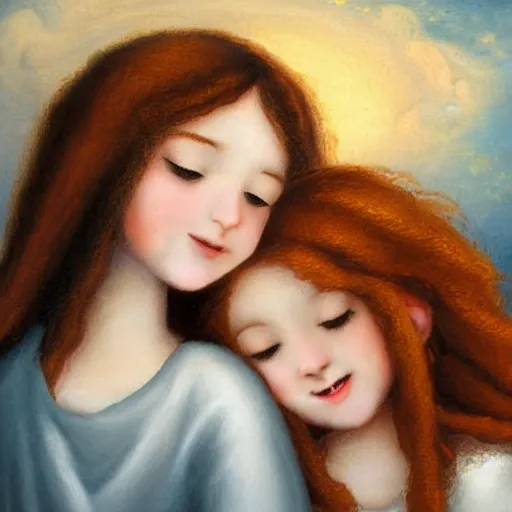 Image similar to a young black haired girl hugging a young ginger haired girl and smiling, beautiful, innocent, angelic, happy, warm, soft lighting, in the clouds, renaissance, beautiful, cherubic, oil painting