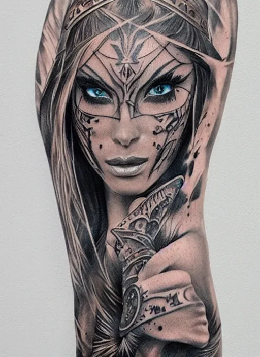 Image similar to tattoo design of a hyper - realistic beautiful girl warrior, hyper detailed, in the design of eliot kohek, white background