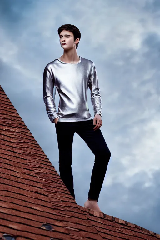 Image similar to un ultra high definition studio quality photographic art portrait of a young man standing on the rooftop of a british apartment building wearing soft padded silver pearlescent clothing. three point light. extremely detailed. golden ratio, ray tracing, volumetric light, shallow depth of field. set dressed.