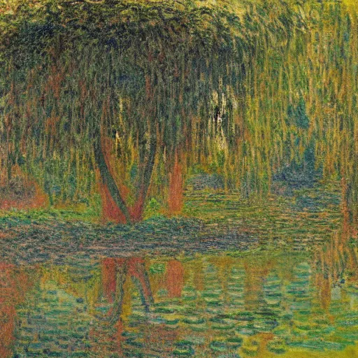 Image similar to geometric refracting pond swamp ash tree, by david hocknet and claude monet, renaissance painting, an ink drawing