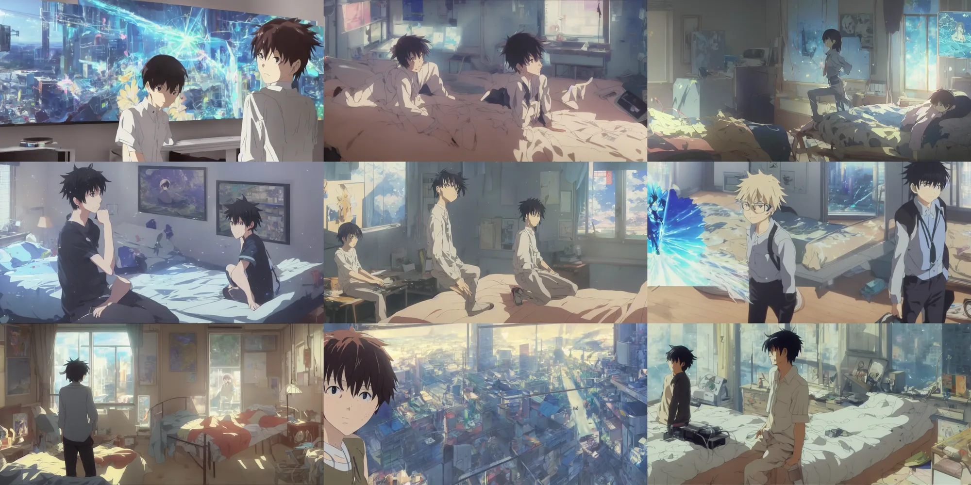 Prompt: screenshot from the anime film by Makoto Shinkai, adult male gamer alone in messy bedroom, painting of near future technological world, magical realism, looking through the prism at the digital world, screenshot from the Kyoto Animation anime about the boy who wears nervegear, makoto shinkai, augmented reality, real life blended with digital world
