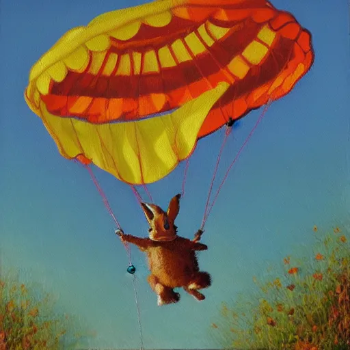 Image similar to a parachuting rabbit, impressionist paintings