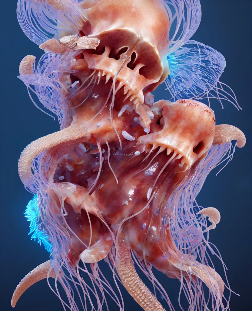 Image similar to goddess close-up portrait ram skull. jellyfish phoenix head, nautilus, orchid, skull, betta fish, bioluminiscent creatures, intricate artwork by Tooth Wu and wlop and beeple. octane render, trending on artstation, greg rutkowski very coherent symmetrical artwork. cinematic, hyper realism, high detail, octane render, 8k