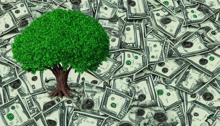 Image similar to a tree that grows dollar bills instead of leaves, digital art, highly detailed, realistic, bright colors, 8 k