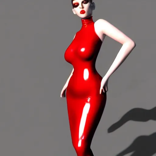 Prompt: a curvy pale goth goddess wearing an elegant modest tight shiny red-silver striped latex high-neck dress, cgsociety, photorealistic, sublime-cool-hot-hyperadvanced-dark ambience, 16k, smooth, sharp focus, trending on ArtStation, volumetric lighting, fully clothed, thin waist