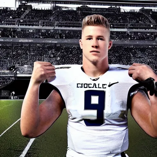 Image similar to “ a realistic detailed photo of a guy who is an attractive humanoid who is half robot and half humanoid, who is a male android, football player christian mccaffrey, shiny skin, posing like a statue, blank stare, on the field, on display ”