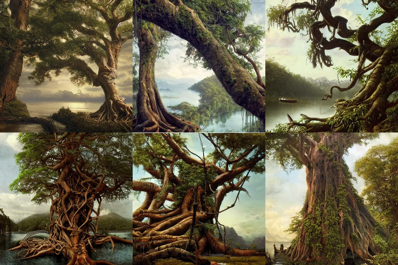 Prompt: a massive titanic mountain sized inhabited kapok tree that grows on the side of a river, by Ivan Kramskoi, fantasy, beautiful, intricate, epic scale