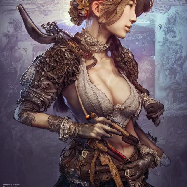 Prompt: the portrait of lawful neutral semi - colorful female hunter socialite as absurdly beautiful, gorgeous, elegant, young gravure idol, an ultrafine hyperdetailed illustration by kim jung gi, irakli nadar, intricate linework, bright colors, octopath traveler, final fantasy, unreal engine 5 highly rendered, global illumination, radiant light, detailed and intricate environment