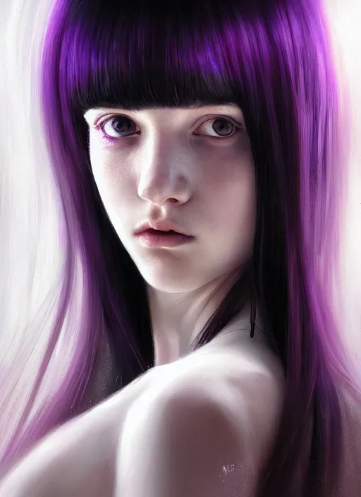 Image similar to portrait of teenage girl, red irises, bangs, black and white hair, white bangs, purple clothes, white bangs, bangs, black hair and white bangs, intricate, elegant, glowing lights, highly detailed, digital painting, artstation, concept art, smooth, sharp focus, illustration, art by wlop, mars ravelo and greg rutkowski