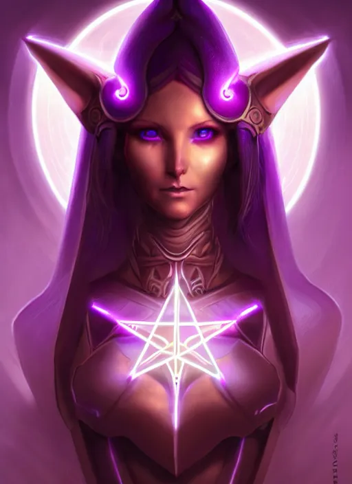 Image similar to portrait of an elf, eldar, aeldari, lady voidstar in full futuristic close fitting armor, glowing diagram of a pentagram and a star, intricate, elegant, purple, glowing lights, highly detailed, digital painting, artstation, concept art, smooth, sharp focus, illustration, art by wlop, mars ravelo and greg rutkowski