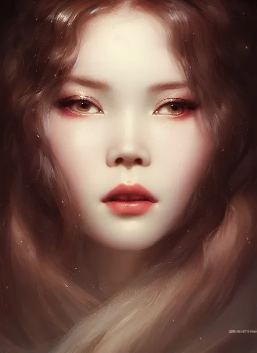 Image similar to of dark fantasy by Kyung Eom, young beautiful Belle Delphine, close up face portrait, medium shot, intricate, elegant, warm light, highly detailed, digital painting, volumetric light, artstation, concept art, smooth, sharp focus, illustration, art by Gil Elvgren and Adolf Wölfli and Peter Mohrbacher