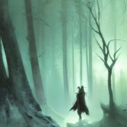 Image similar to ''cinematic shot'' dark hooded mage ( spectre ) using his magic to create zombies in the dead forest with leaves falling simetrical 8 k atmosferic realistic made by ivan aivazovsky, peter mohrbacher, greg rutkowski volumetric light effect broad light oil painting painting fantasy art style sci - fi art style realism premium prints available artwork unreal engine