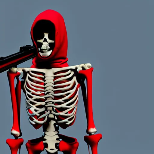 Image similar to a skeleton in a red hoodie with a rifle ultrarealism