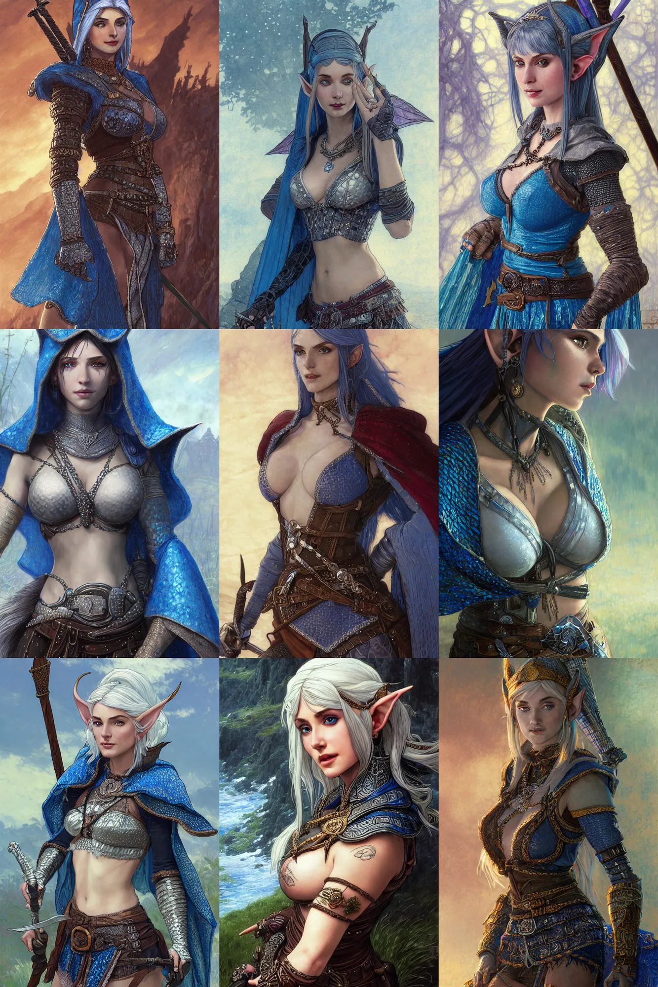 Image similar to alluring highly detailed matte close-up portrait of beautiful elf Shani (from Witcher 3) wearing chesty chainmail bikini and a blue cloak, very detailed, realistic, manga, pen and ink, by Stanley Artgerm Lau, greg rutkowski, thomas kindkade, alphonse mucha, loish, norman rockwell J.