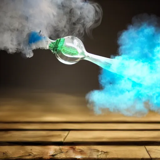 Image similar to hyper-realistic photo of a green absinthe bottle surrounded by blue smoke swirling around, unreal engine, cinematic, hyper-realistic, DOF