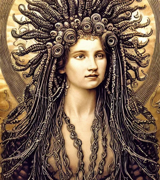 Prompt: portrait of a beatiful young goddess with intricate jellyfish headdress, dark background, intricate hyper detailed art by ernst haeckel,