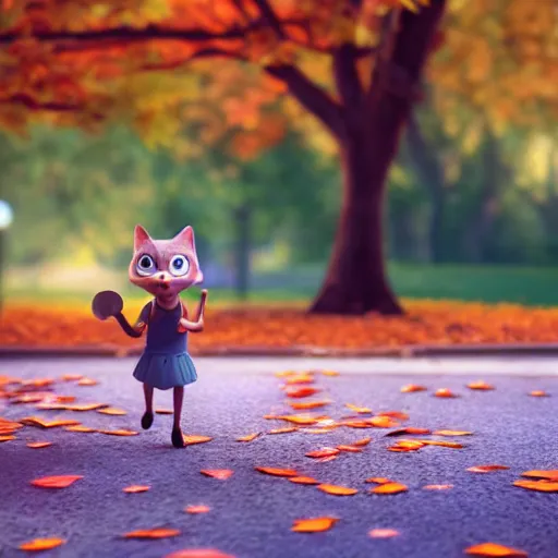 Image similar to cute adorable happy cat playing in the park in autumn, pixar style, disney style, tilt shift, octane render, cgsociety