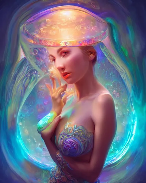 Prompt: a cute woman inside an ornate bottle of iridescent liquid, alchemy, intricate, bloom, detailed, volumetric lighting, sharp focus, photorealism, digital painting, highly detailed, concept art, by by artgerm and wlop