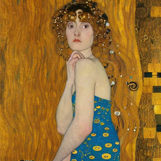 Image similar to A woman in side profile with long hair, and a flowing dress, by Gustav Klimt, gold leaf, ornate, highly detailed, intriquite gold background, sorrowful expression