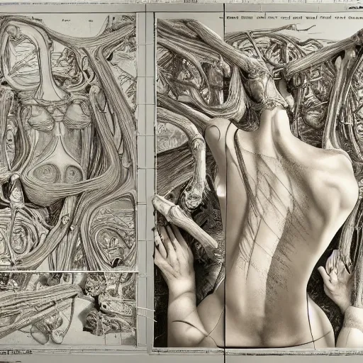 Image similar to beautiful scene of a detailed and intricate design of the back of full woman body and a baby fetus wrapped in bones, real, studio shot, dynamic lighting, great finesse organic hyper detailed, engineering blueprints, technical drawings, calculus, stained paper, hyperrealistic, ultra detailed, 16K, unreal engine, trending on artstation