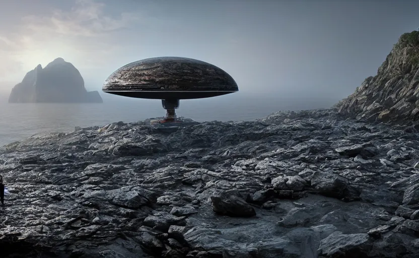 Prompt: giant glowing ufo, directed by charlie kaufman ( 2 0 0 1 ) anamorphic lenses, a rocky shore in the foreground, foggy volumetric light morning, a beam of light from the heavens, cinematic trending on artstation in the style of greg rutkowski