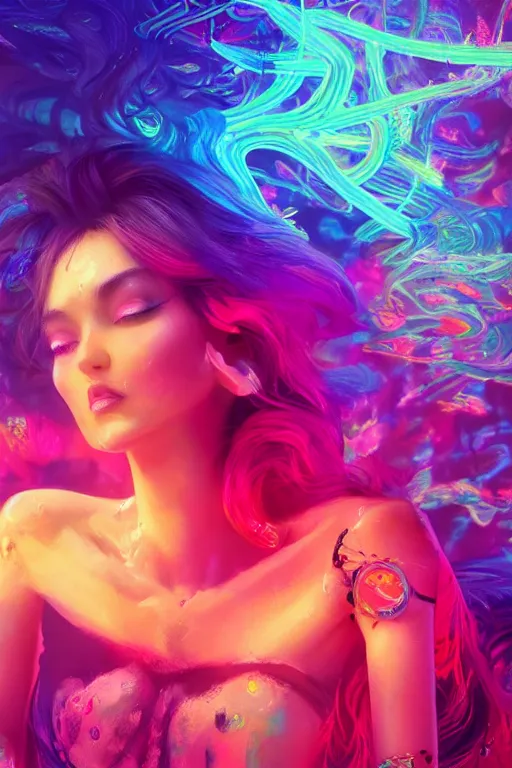 Image similar to a beautiful woman engulfed in colorful liquid clouds and neon smoke, extremely psychedelic experience, psilocybin, dmt, lsd, perfect face, highly detailed, artstation, concept art,, sharp focus, digital art by hana yata, and artem demura and beeple, lisa frank, cyberpunk, octane render, unreal engine, 8 k