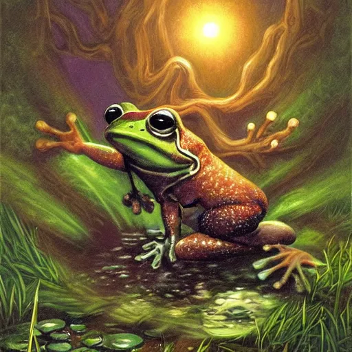 Image similar to mischievous forest spirit darts through the air over a frog pond at night. magic swirls in the air. the spirit grins with glee. by kevin walker, by greg staples, by daarken, by terese nielsen,