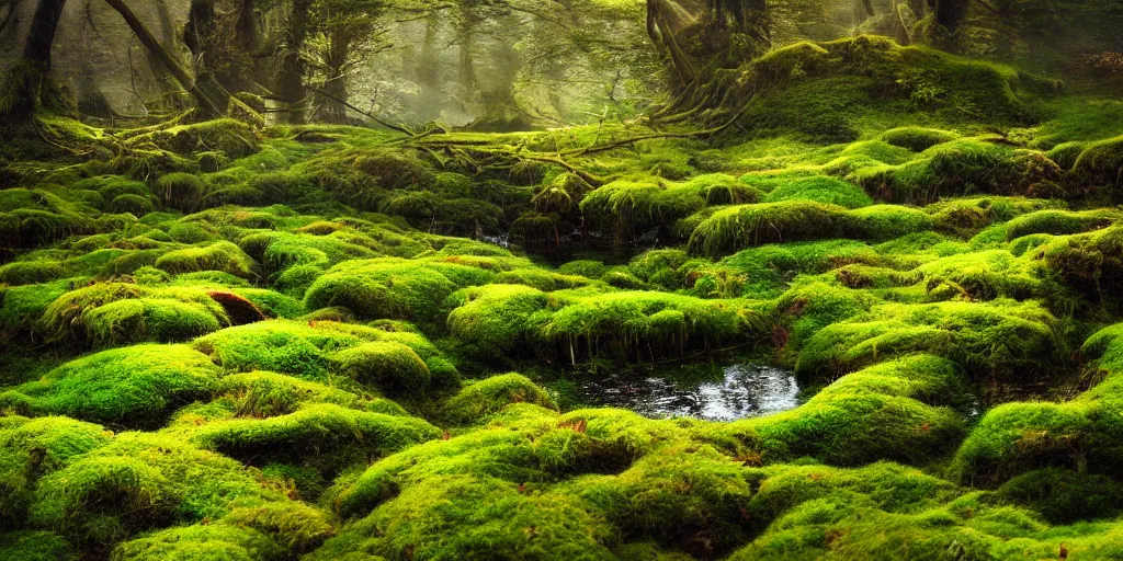 Image similar to gorgeous fields of moss landscape with glistening water, magical forest, brightly colored, magical, fantasy, landscape, beautiful, intricate details, highly detailed, sharp focus, concept art, digital painting, trending on artstation, still, screenshot, photo, photograph