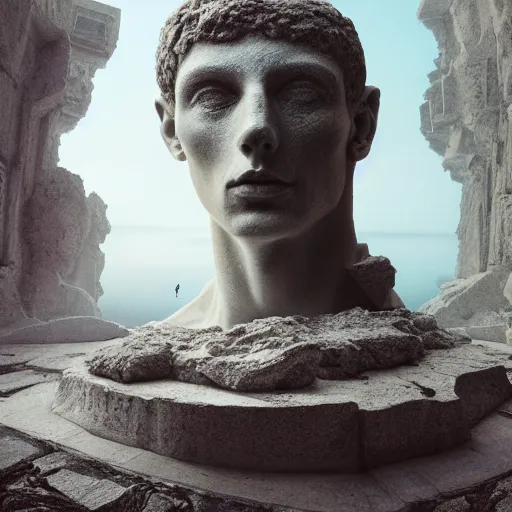 Prompt: peter tarka, minimalistic, broken giant marble head statue ruins, hyperrealistic surrealism, award winning masterpiece with incredible details, epic stunning, infinity pool, a surreal vaporwave liminal space, highly detailed, trending on ArtStation, artgerm and greg rutkowski and alphonse mucha, daily deviation, IAMAG