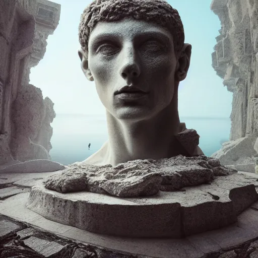 Image similar to peter tarka, minimalistic, broken giant marble head statue ruins, hyperrealistic surrealism, award winning masterpiece with incredible details, epic stunning, infinity pool, a surreal vaporwave liminal space, highly detailed, trending on ArtStation, artgerm and greg rutkowski and alphonse mucha, daily deviation, IAMAG