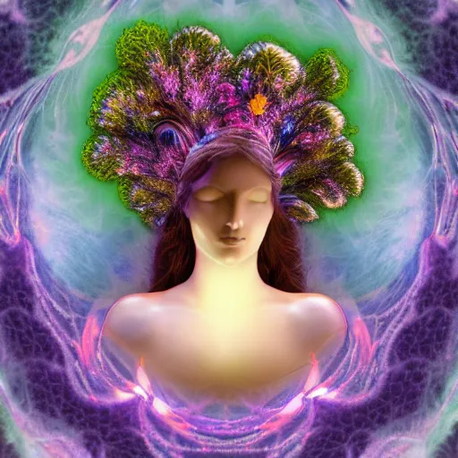 Image similar to glowing delicate flower and mushrooms that grow in a dark fatansy forest on the planet Pandora, an idealistic marble statue with fractal flowery hair in a fractal garden, symmetrical,