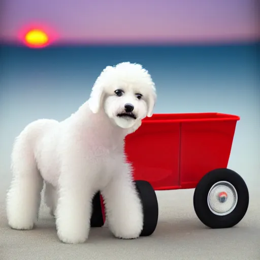 Prompt: a photorealistic photograph of a smiling white Bichon Frisé puppy pulling a little red wagon filled by french fries during sunset at the beach Trending on Artstation, featured on Behance, well-rendered, Unreal Engine, 4K HD