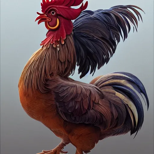 Image similar to full figure ultra realistic illustration, rooster, beautiful, intricate, elegant, highly detailed, digital painting, artstation, concept art, smooth, sharp focus, illustration, art by artgerm and greg rutkowski and alphonse mucha