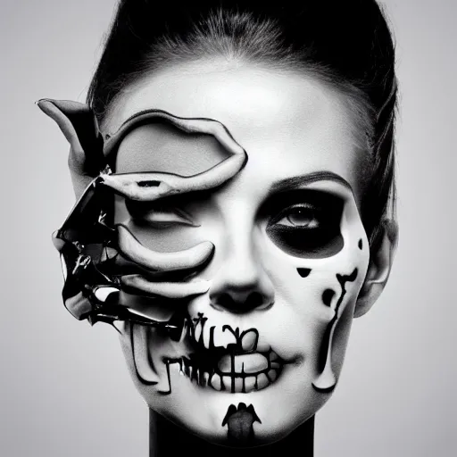 Image similar to portrait photo of a woman with a 3D skull instead of a head, cinematic, photography by Helmut Newton, 4K