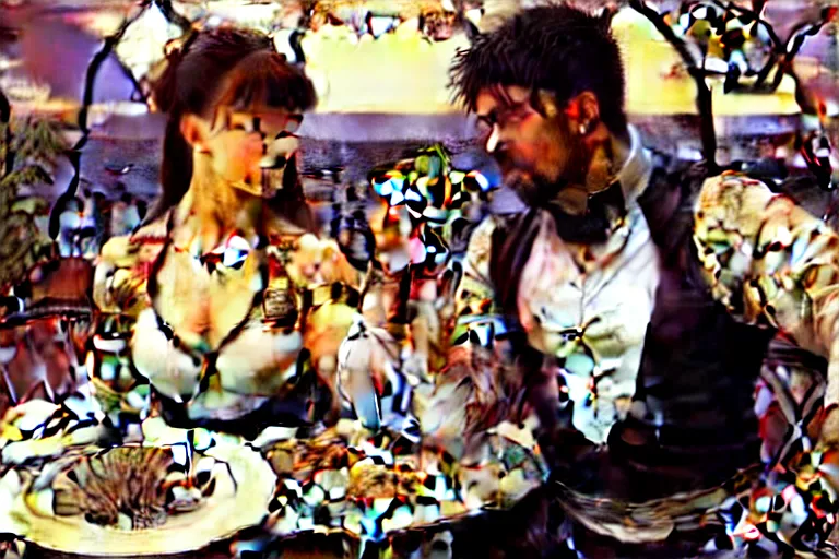 Image similar to xena warrior princess eating at a restaurant, with a hispanic man in a suit as her companion, art by artgerm and greg rutkowski and alphonse mucha